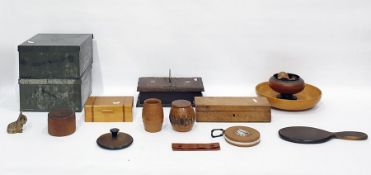 Collection of wooden boxes, treen hand mirror, napkin rings and two square-section tins and covers