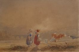 Attributed to Miles Birkett Foster (1825-1999) Watercolour Milkmaids and cows, unsigned 10 x 15.5