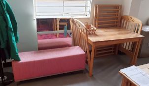 A cot, melamine table,  bedroom pouffe and bathroom glass front wall hang unit