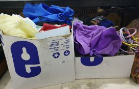 Two boxes of various items including small teddies, dolls, a Union flag and a collection of handbags