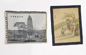 Chinese silk painting, red seal mark and three-character mark, painted and decorated in ink with two