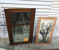 Rectangular oak framed mirror and a watercolour signed 'Ove'