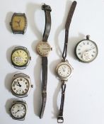 Six old pocket wrist watches with enamelled dials, together with a silver cased, open face pocket