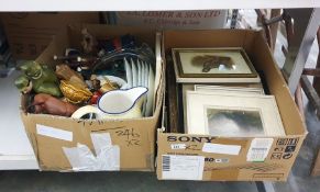 Box of prints of gamebirds and rural scenes and a box containing ceramics and tubes of glitter (2