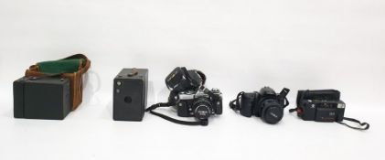 Collection of cameras and lenses to include two box cameras, one in brown canvas bag, a Minolta