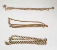 Two 9ct gold belcher link chain necklaces, 13.5g total approx and another gilt metal necklace