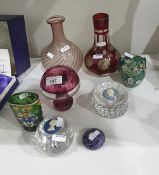 Various items of cut and coloured glassware, to include a bottle shaped vase frosted and flashed
