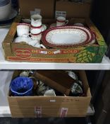 Two boxes of assorted ceramics including Aynsley part dinner service and various teapots, jugs,