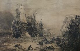 After W L Wyllie  Black and white engraving Naval battle, signed lower left, marked 'Issued August