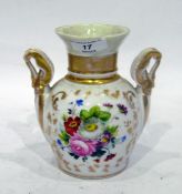 Porcelain two-handled upper section of a vase, 19th century, painted with flowers, with gilt swan-
