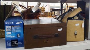 Quantity of vintage and more modern video recording equipment, some old cameras and a suitcase