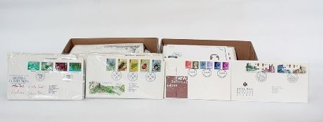 Two boxes of duplicated British First Day Covers, all addressed, including some high values ( 2