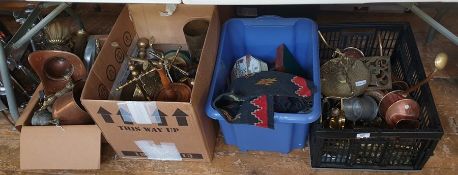 Four boxes of assorted metalwares including copper and brass watering cans, a deity figure, brass