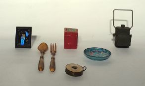 A cloisonee dish, a gyroscope top, three carved cowrie shells depicting birds and animals, pair of