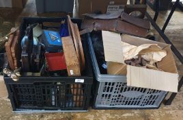 Two boxes of assorted items to include barometer, African figures, bellows, etc