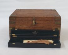Brass stained wood gun cleaning box containing brush, Holland and holland oil, Holland and holland
