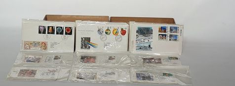 Box of duplicate decimal and silk First Day Covers and commemoratives, about 80 and a box of