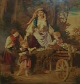 Victorian tapestry picture of girl with parrot and dog in garden, another of Holy Mother and Child
