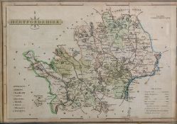 Nine various prints and engravings of English counties, hand coloured, to include Herefordshire,