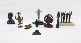 Bronze sculpture figure group of four figures with arms raised on marble base, 1930's figure of