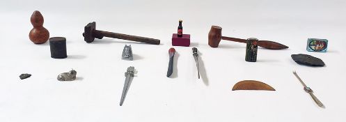 Box of assorted items to include a gavel, a horn and stone rabbit sculpture, various letter