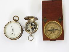 Antique wooden cased pocket compass with printed dial, a brass cased pocket stopwatch and an E D
