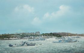 Oil on panel, John Hamilton Naval frigate at dock, signed lower right 36 x59 with  Oil on panel John