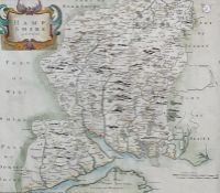 Robert Morden coloured engraving, county map of Hampshire, 34 x 41 together with John Speede