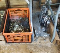 Assorted metalwares in two boxes and two fireside companion sets to include assorted candlesticks,