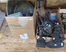 Two boxes of assorted metalwares together with two cast iron doorstops, decorative items, etc (2