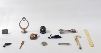 A box of assorted items, to include compasses, sewing box, button hooks, a nutcracker, an Art Deco