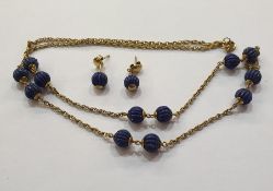 9K gold and lapis lazuli bead necklace with Prince of Wales link chain and gadrooned lapis beads and