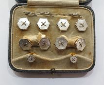 Set of 18ct and 9ct gold and mother of pearl cufflinks and dress studs, each hexagonal and with