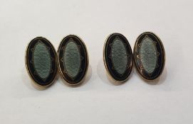 Pair 9ct gold and black and blue guilloche enamel oval and chain cufflinks, approx. 11.5g gross