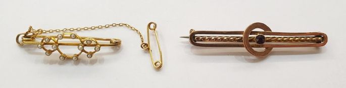 Gold-coloured metal and seedpearl bar brooch, triple-circle design set with seedpearls, in