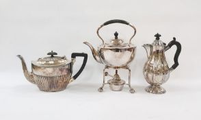 EPNS spirit kettle, a coffee pot with Art Nouveau style design and hammered finish and a gadrooned