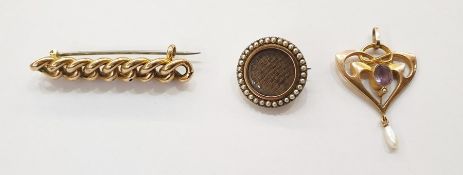 Art Nouveau 9ct gold, amethyst and seedpearl scroll pendant, set oval amethyst and pearl drop; a