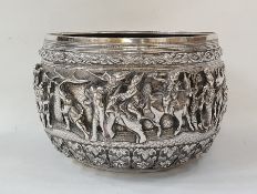 19th century Burmese silver bowl decorated with warriors, elephant, oxen and figures in boat (some