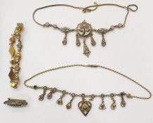 Gilt metal and mosaic necklace, rose and flowerhead decorated with pendant drops, another similar