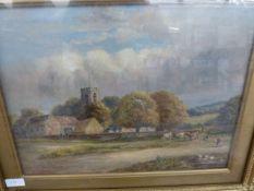 Enoch Crosland RA (1860-1945) watercolour drawing Church and farm within a wooded landscape,