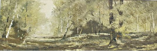 Pamela Cook Oil on board Wooded landscape, signed lower left, 29cm x 89cm
