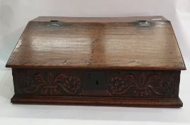 18th century oak bible box, the fall opening to reveal open compartments with two drawers, iron