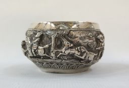 Burmese small bowl decorated with figures and wild animals, including lions and tigers, in relief,