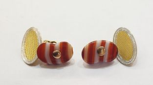 Pair 18ct gold, platinum and banded agate cufflinks, each set single oval banded agate stone, partly