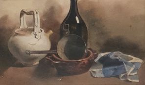 Unattributed  Watercolour drawing  Still life with bottle, terracotta pot, copper saucepan, etc,