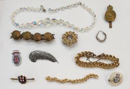 Seedpearl and coloured glass brooch, assorted other brooches, badges, military button bracelet,