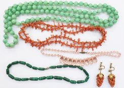 Branch coral necklace, pair branch coral drop earrings and a malachite crystal and jade-coloured