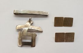 Pair 9ct gold cufflinks, each with double-square engraved terminals; a silver tie clip and a