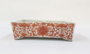 Chinese porcelain shallow dish, rectangular, painted in iron-red with chrysanthemums, scrolling