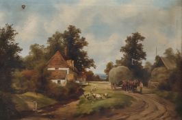 19th century school Pair oils on canvas Farmyard scenes, indistinctly signed and dated lower